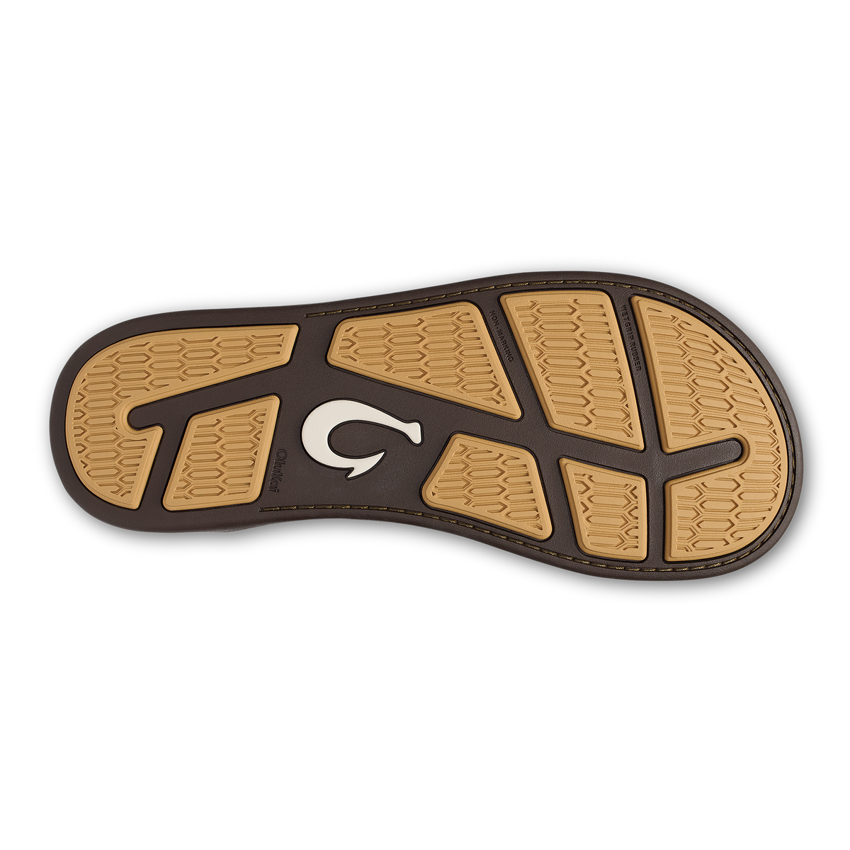Sole of sandal featuring golden sand-colored tread panels with dark java brown sections and white logo detail.