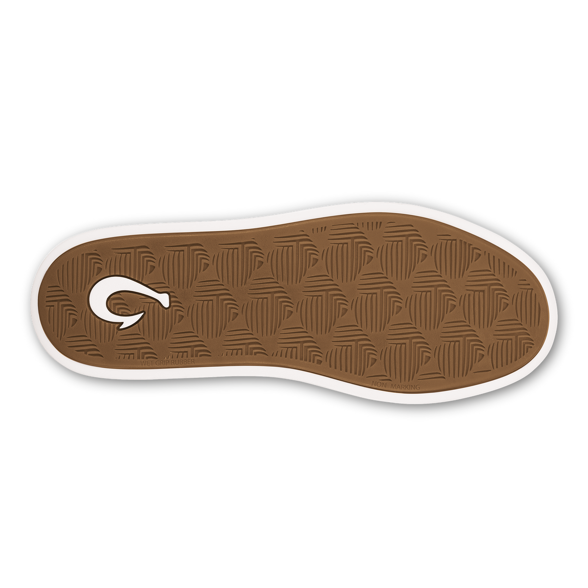 Shoe sole with brown textured rubber outsole and white trim featuring geometric pattern and logo.