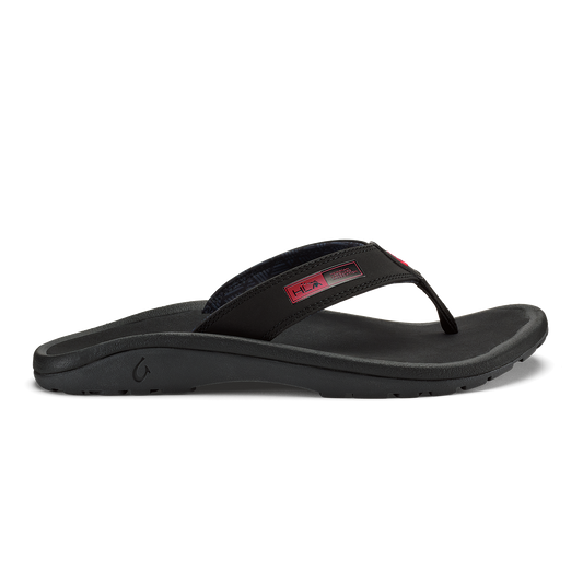 Black thong sandal with cushioned footbed and adjustable fabric strap with HLA branding.
