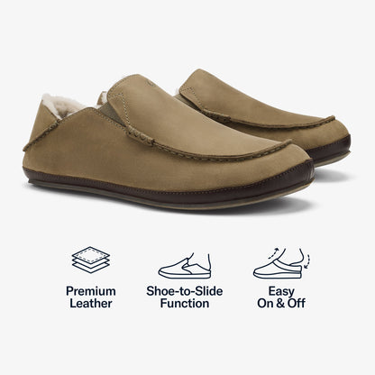 Tan and dark brown leather slippers with cream fleece lining and dark brown sole.