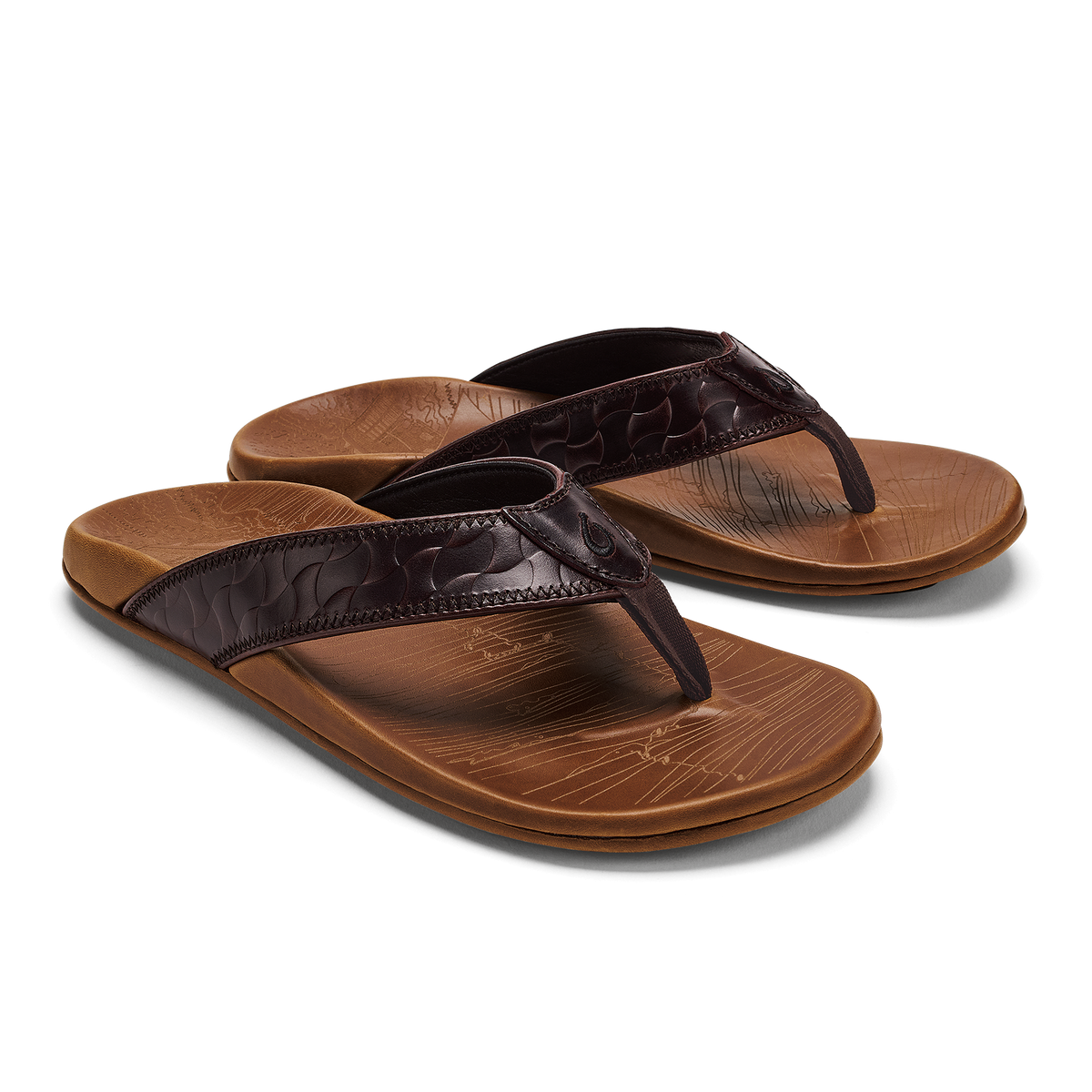 Pair of tan and dark brown flip-flop sandals with textured footbeds and crocodile-embossed straps.