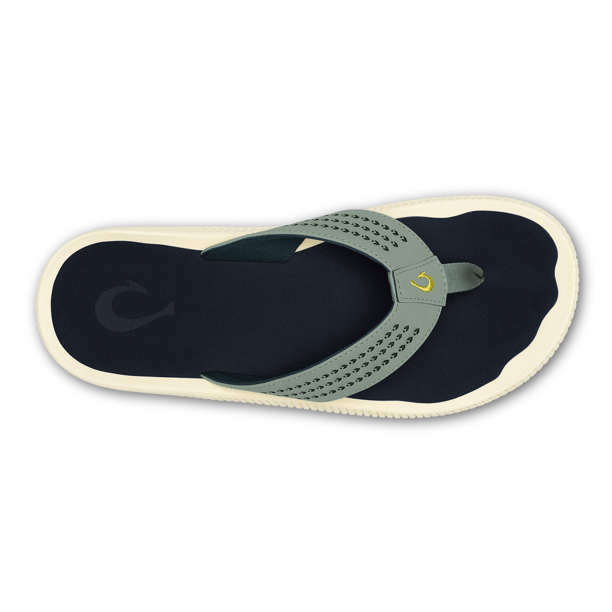 Seagreen and navy thong sandal with perforated strap and cream sole, viewed from above.