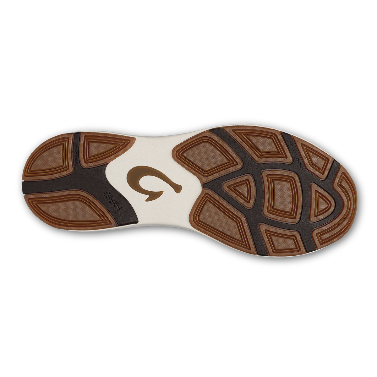 Shoe sole featuring tan and dark brown geometric pattern with cream center stripe and brand logo.