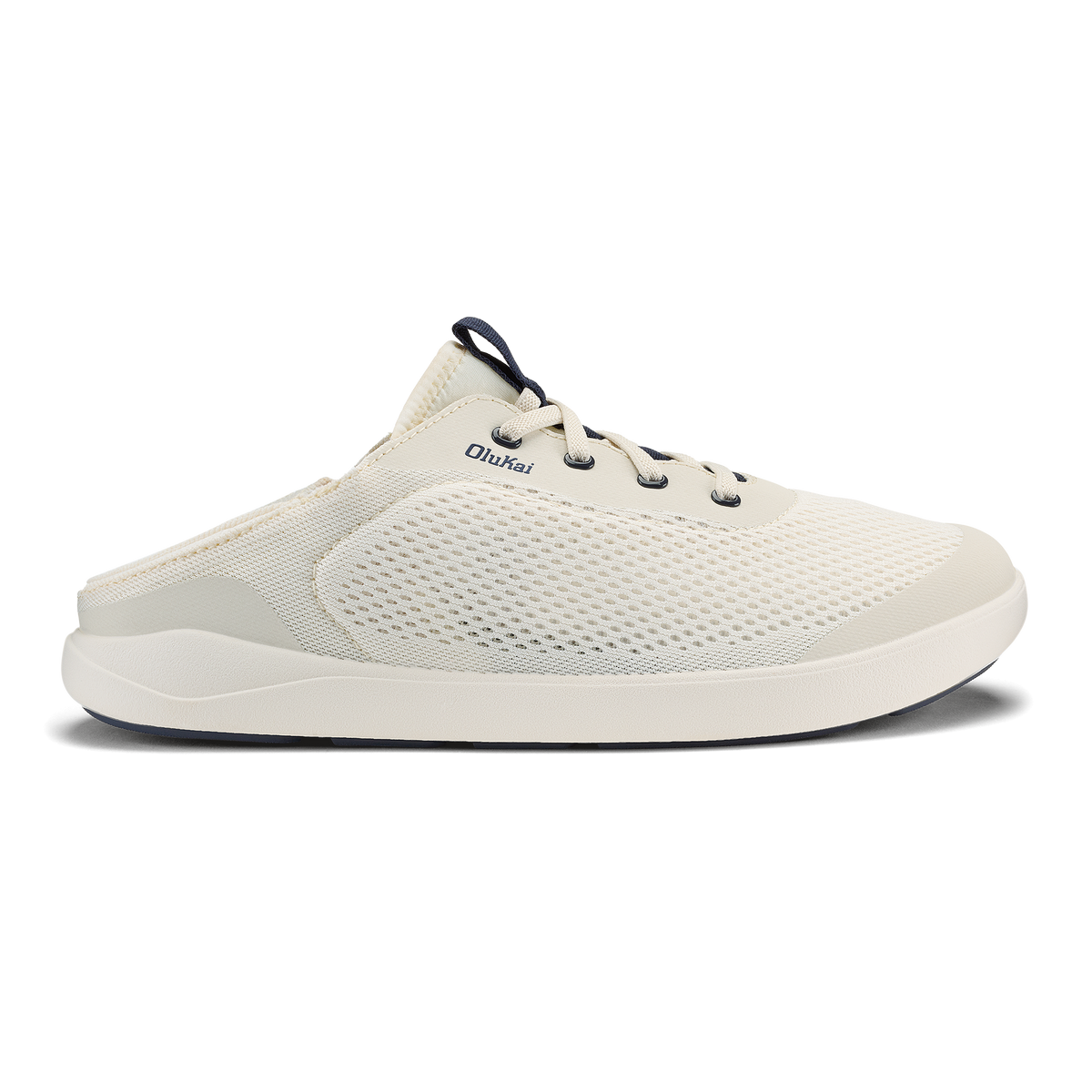 White mesh athletic clog with dark blue heel pull and white sole.
