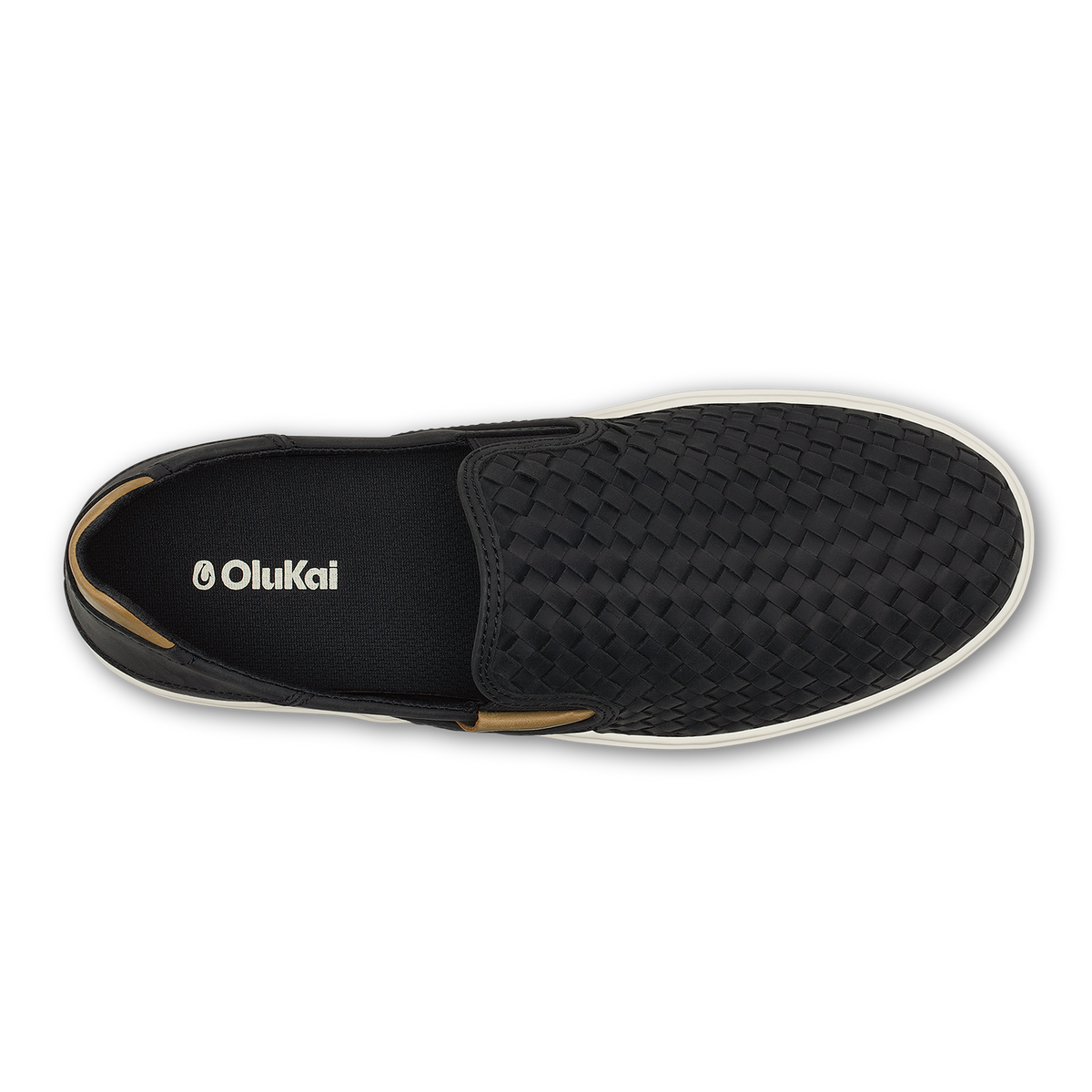 Black slip-on sneaker with woven upper, white sole, and tan accent detail on the heel.
