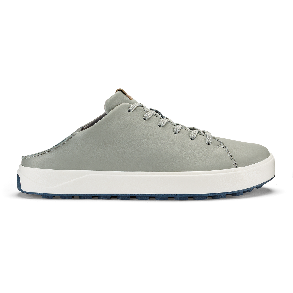 Grey slip-on mule with white chunky sole and dark blue tread detailing.
