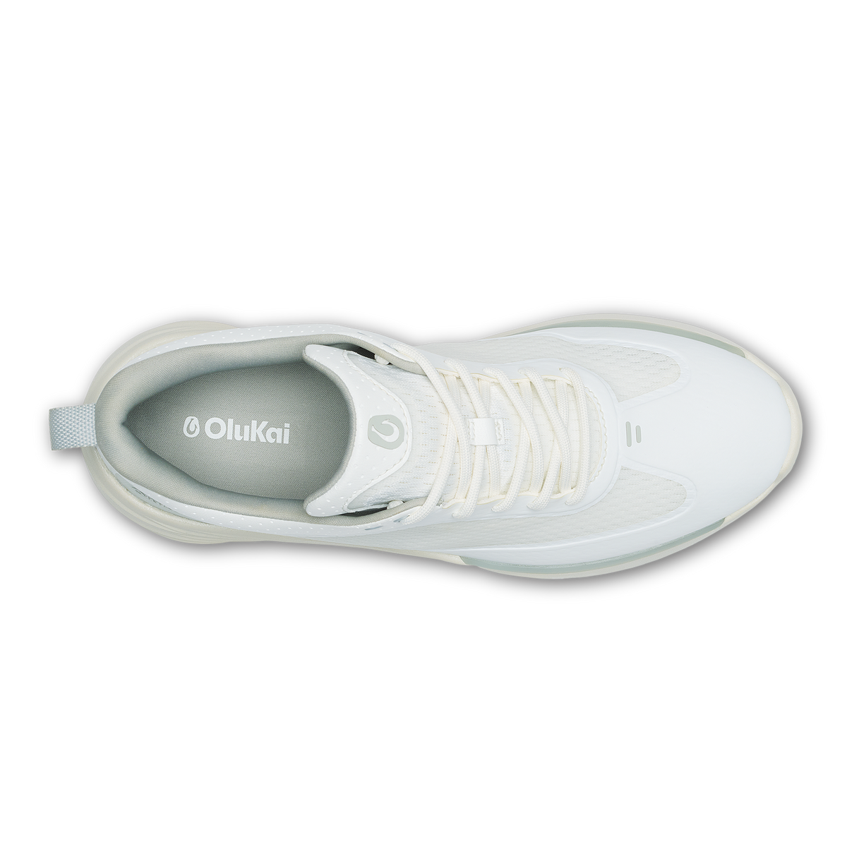 White OluKai Mākena WP high-top sneaker with lace-up closure and gray interior lining, shown from above.