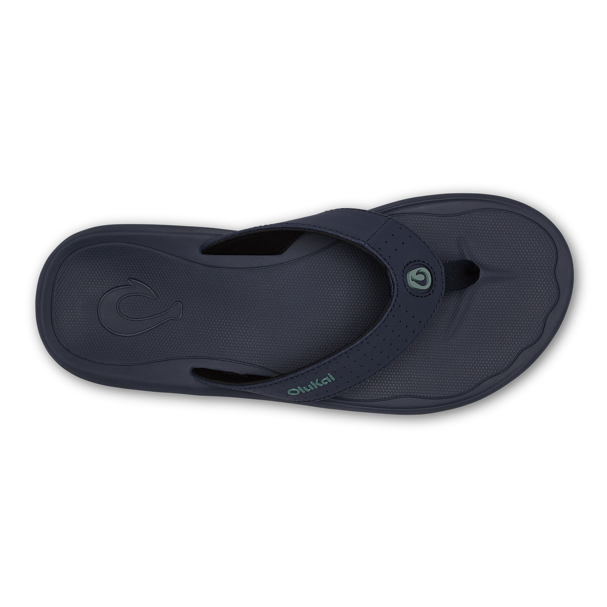 Dark blue thong sandal with textured upper, adjustable strap, and cushioned footbed shown from above.