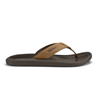 Tan and dark brown flip-flop sandal with thong strap and cushioned sole.