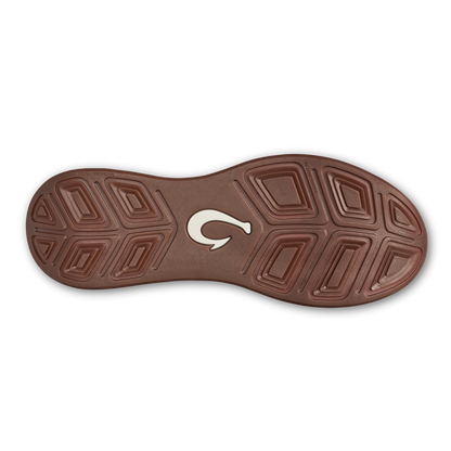 Brown shoe sole with geometric tread pattern and white hook logo in center.