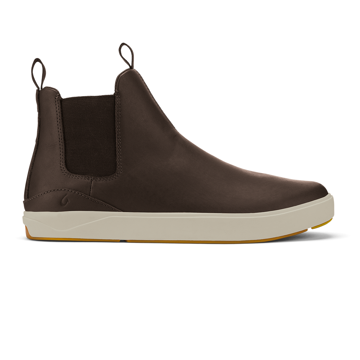Dark brown leather Chelsea boot with cream and tan sole, elastic side panels, and pull tab.