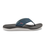 Flip-flop sandal with coastal blue striped upper strap and dark gray footbed with white midsole.