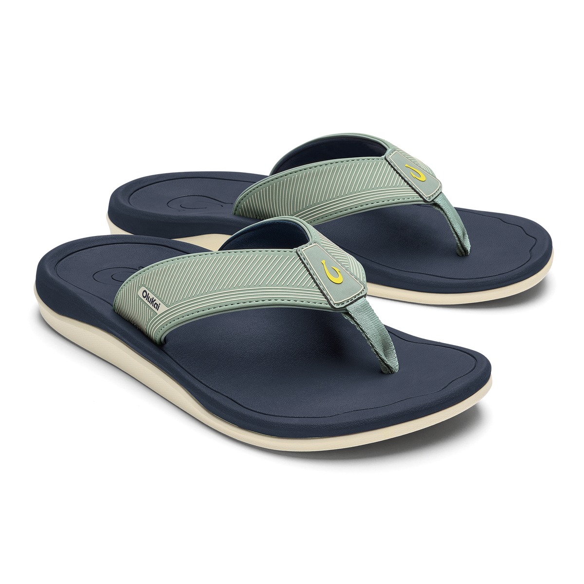 Pair of seagreen and trench blue thong sandals with padded soles and cream-colored stripes on the footbed.