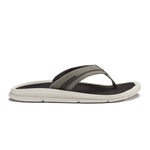 Thong sandal with gray fabric strap, black footbed, and white cushioned sole.
