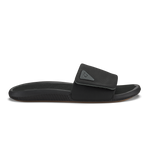 Black slide sandal with textured sole and adjustable padded strap across the foot.
