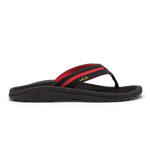Black flip-flop sandal with red and black striped thong strap and curved black sole.