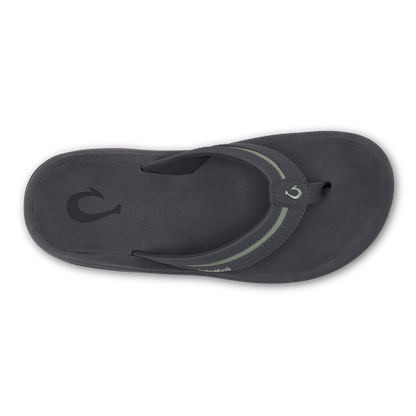 Dark grey thong sandal with seagreen accent strap and embossed logo on footbed, viewed from above.