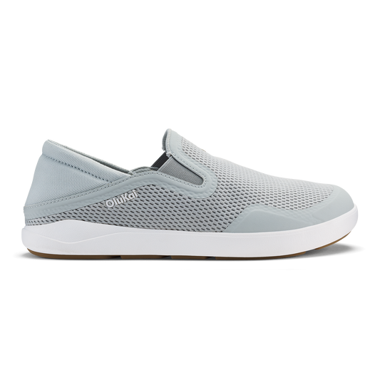 Grey mesh slip-on shoe with white sole and elastic side panels.