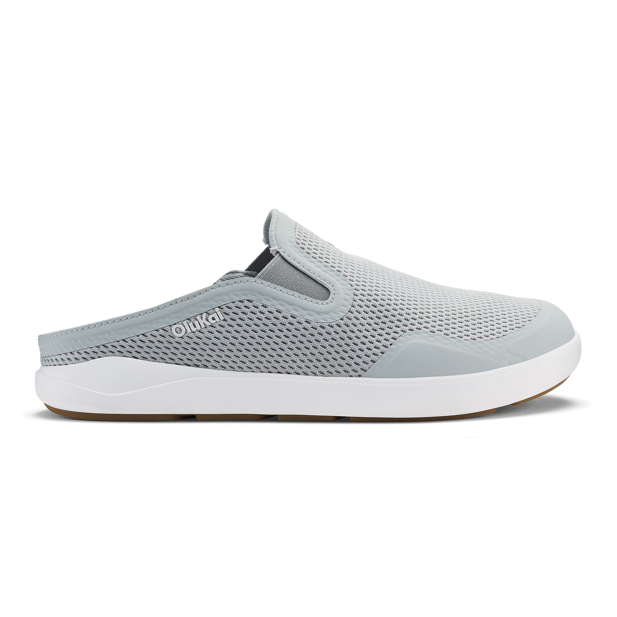 Gray mesh slip-on mule with white sole and elastic back panel.