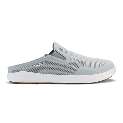 Gray mesh slip-on mule with white sole and elastic back panel.