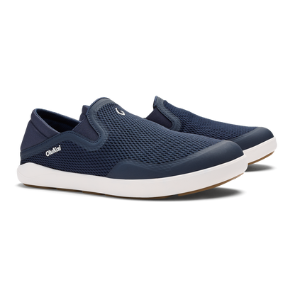 Trench blue mesh slip-on shoe with white sole and dark blue heel counter.