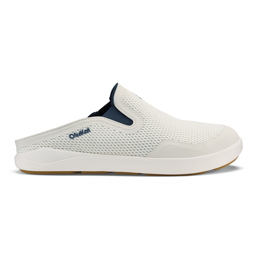 White and blue mesh slip-on mule shoe with cushioned sole and OluKai branding.