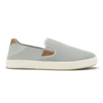 Cloud grey slip-on sneaker with tan heel patch, white midsole, and textured mesh upper.