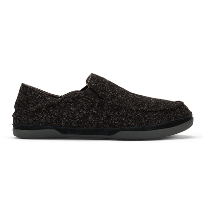 Black knit slip-on slipper with gray sole, shown from the side view.