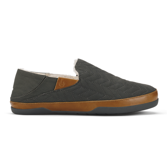 Dark gray quilted slip-on shoe with tan leather trim and sherpa-lined collar, shown from the side.