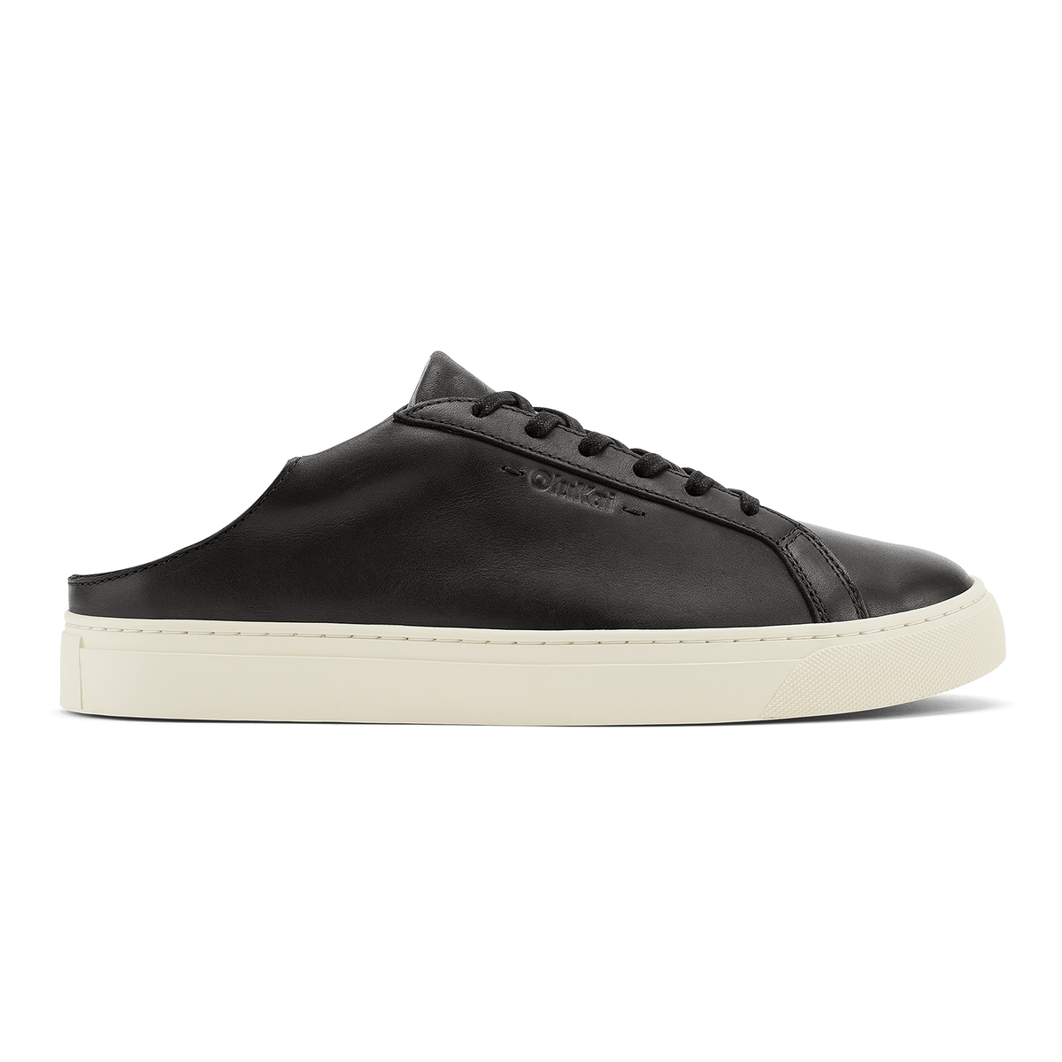 Black leather lace-up mule sneaker with cream-colored sole and open back heel.