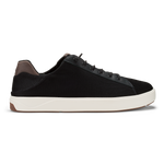 Black mesh lace-up sneaker with white sole and brown heel counter, shown in profile view.