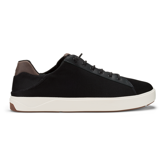 Black mesh lace-up sneaker with white sole and brown heel counter, shown in profile view.