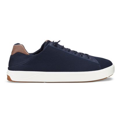 Navy mesh lace-up sneaker with white sole and tan heel detail.