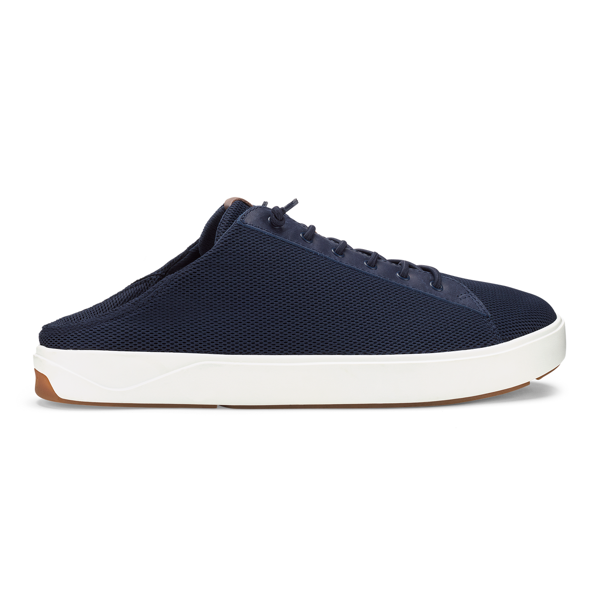 Navy mesh slip-on shoe with white sole and brown heel accent.