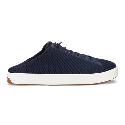 Navy mesh slip-on shoe with white sole and brown heel accent.