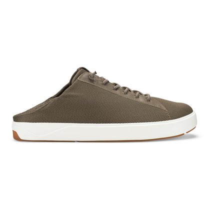 Walnut textured slip-on mule with white sole and brown heel accent.