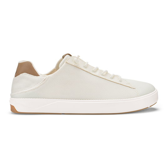 White mesh lace-up sneaker with tan heel counter and white rubber sole, shown in side profile view.