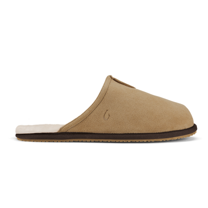 Tan suede slipper with dark java trim, cream fleece lining, and textured sole.