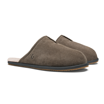 Pair of gray suede slip-on slippers with dark sole and cream-colored heel lining.