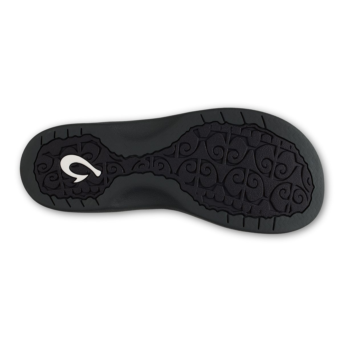 Black shoe sole with decorative spiral pattern and white logo in center.