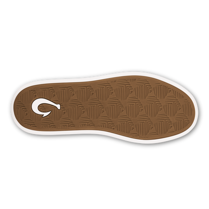 Brown rubber sole with white edge trim and textured tread pattern, viewed from underneath.