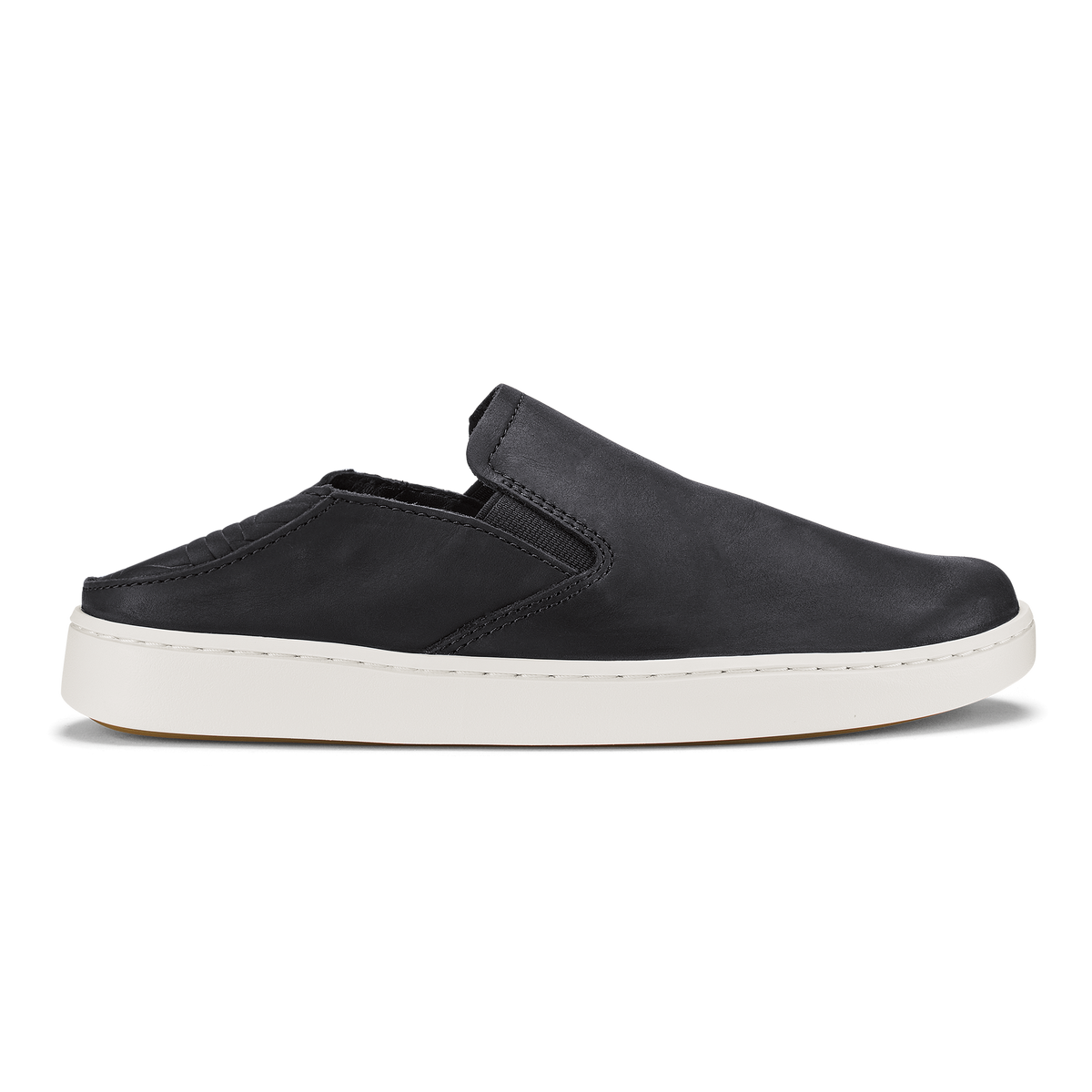 Black leather slip-on shoe with white sole and elastic back panel.