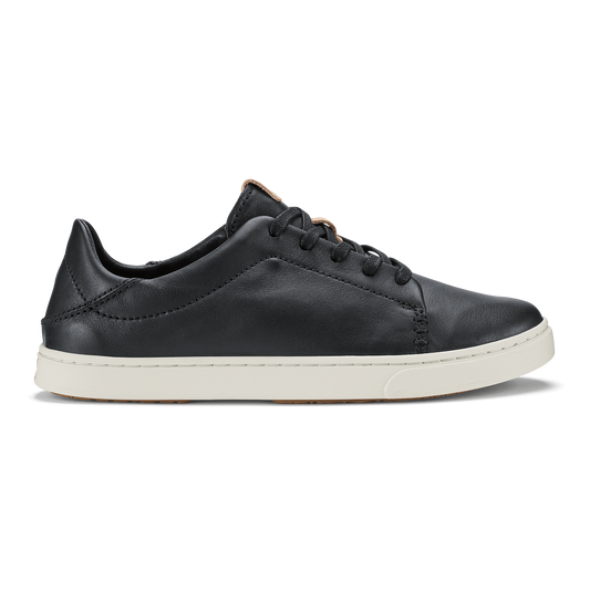 Black leather lace-up sneaker with cream rubber sole, shown in profile view.
