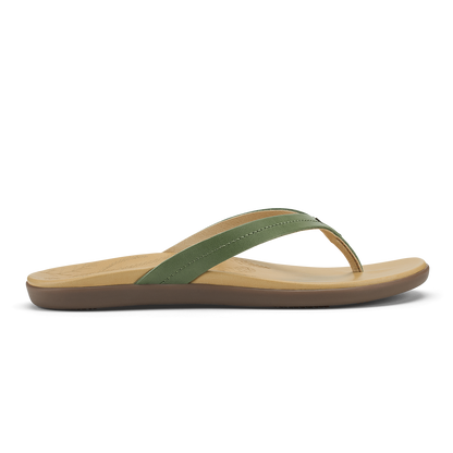 Tan and green thong sandal with curved footbed and contrasting toe strap.