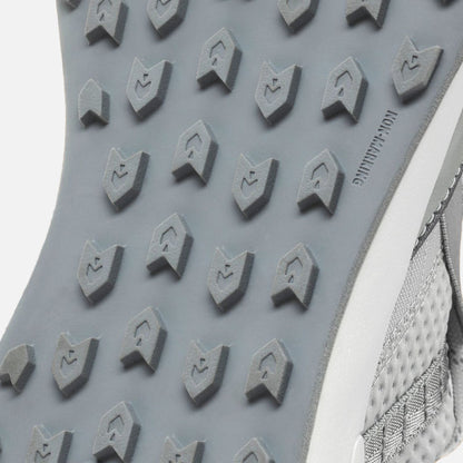 Cloud grey shoe sole with geometric tread pattern and white stripe accent.
