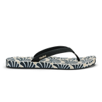 Black and cream flip-flop with geometric fan pattern on sole and black fabric thong strap.