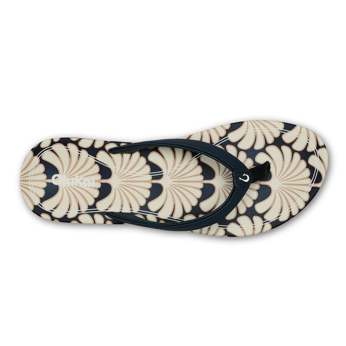 Thong sandal with navy blue strap and cream base featuring geometric fan-pattern design.