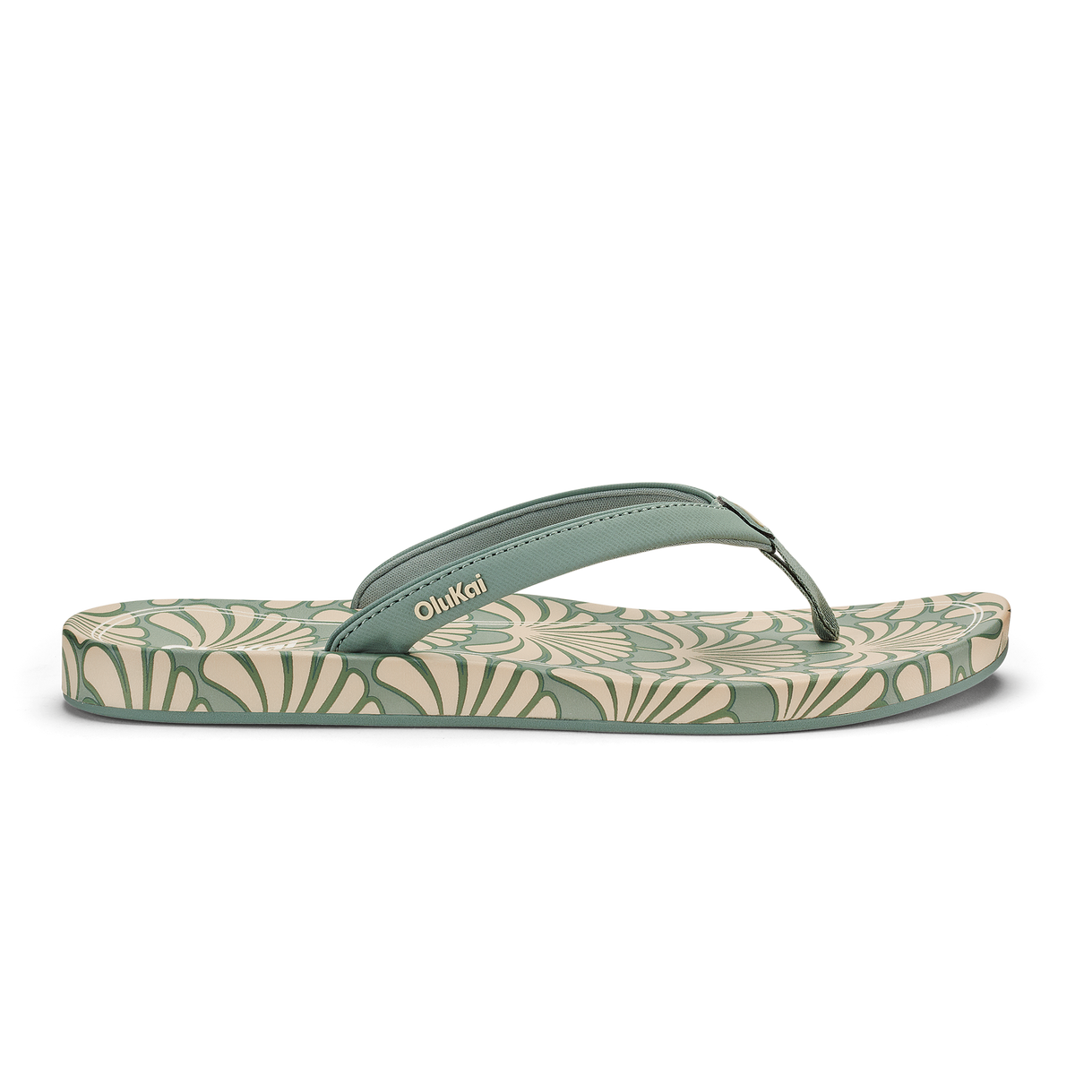 Silver and cream flip-flop with patterned footbed and solid thong strap, branded "OhiKai" on strap.