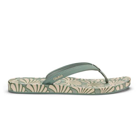Silver and cream flip-flop with patterned footbed and solid thong strap, branded "OhiKai" on strap.