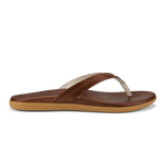 Brown leather thong sandal with toffee-colored sole and cream-colored toe strap.